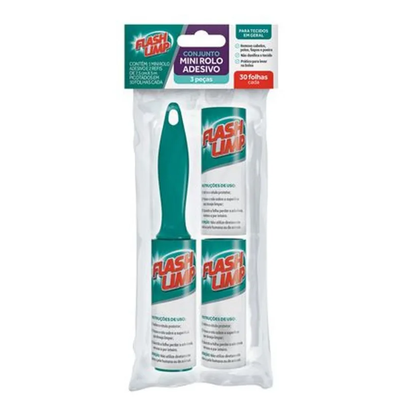 Conjunto Mini Rolo Adesivo + 2 Refis 30 Folhas, Flash Limp