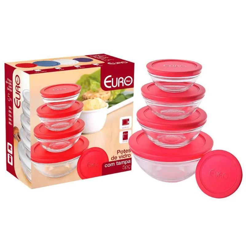 Kit 5 Potes Redondos De Vidro Com Tampa Vermelha Euro Home