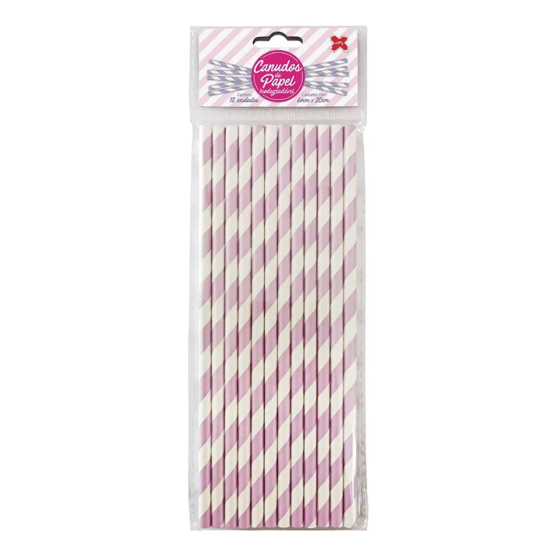 Canudo de Papel Listrado Lilás e Branco 6mmx200mm - 4307 - 12 unidades