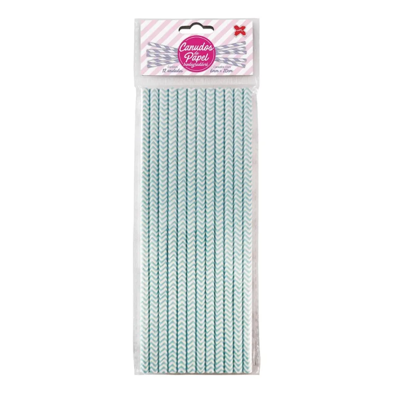 Canudo de Papel Chevron Azul Tiffany e Branco 6mmx200mm - 4322 - 12 unidades
