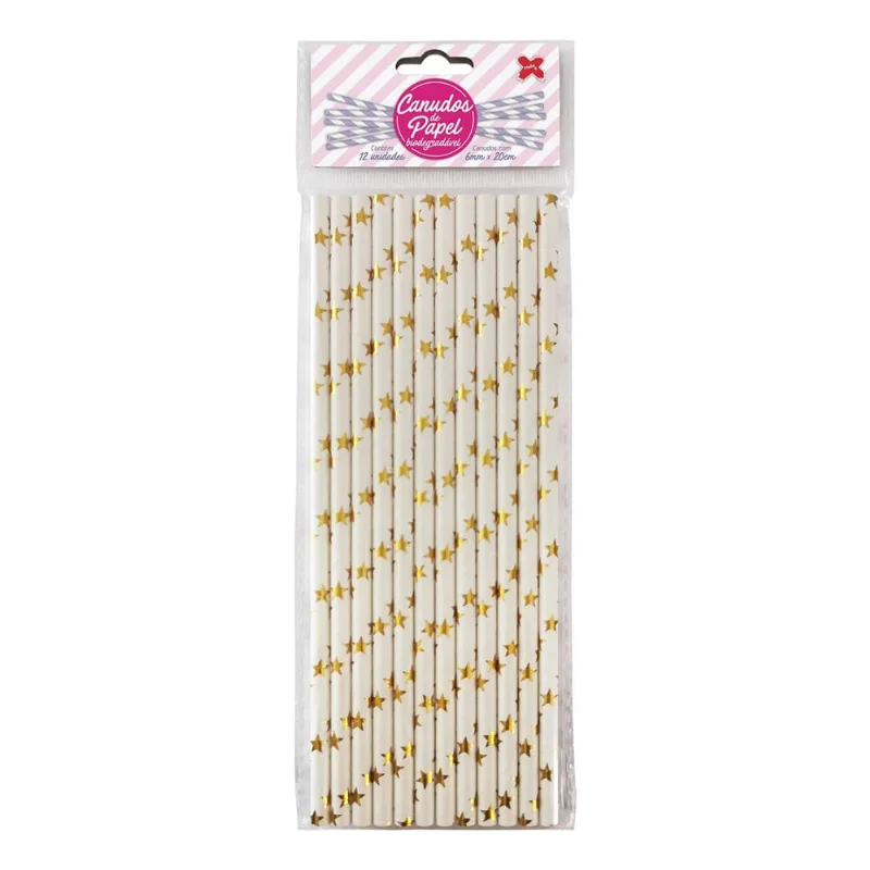 Canudo de Papel Branco com Estrela Dourada Laminado Metalizado 6mmx200mm - 4332 - 12 unidades