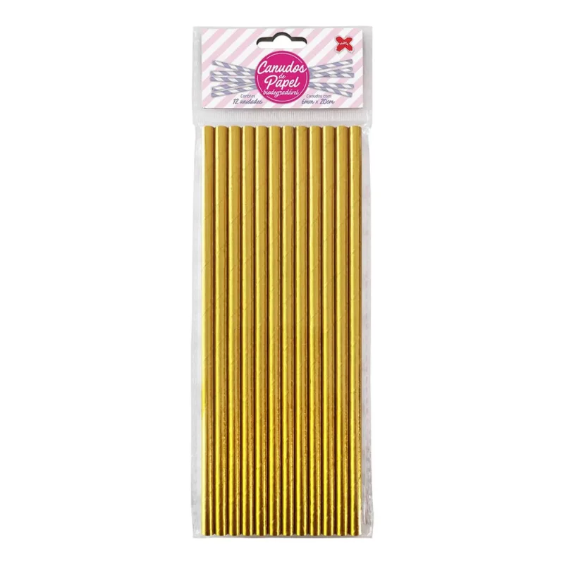 Canudo de Papel Metalizado Dourado 6mmx200mm - 4366 - 12 unidades