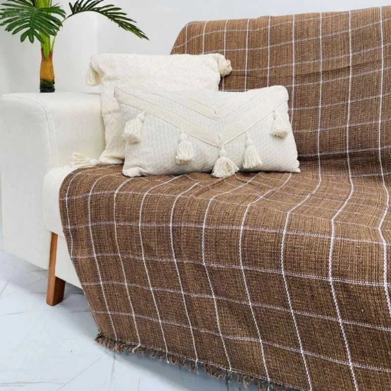 Kit 02 Manta Para Sofá Xadrez Tecido Grosso 2,40x1,80 Capa De Sofa Gigante 2 E 3 Lugares Marrom Mesclado