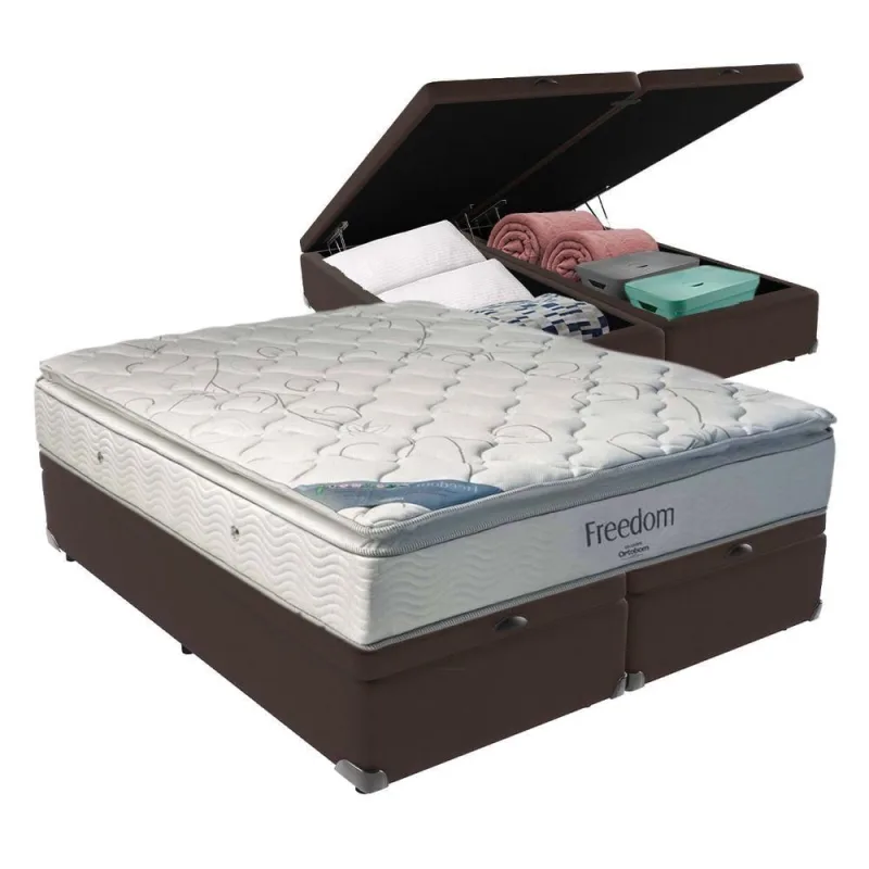 Cama Box com Baú Queen Freedom Pillow Top Molas Ensacadas Courino Marrom Ortobom - Ortobom - Colchões