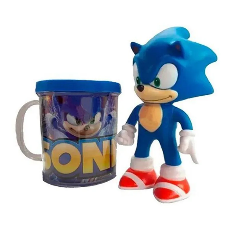 Kit Boneco Sonic Azul Articulado 15cm + Caneca 350ml N13