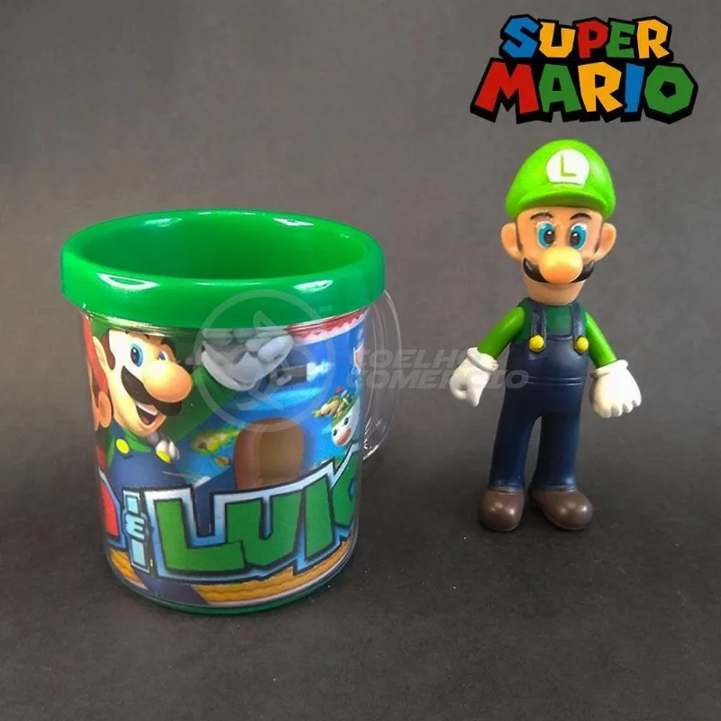 Kit Boneco Luigi Articulado Super Mario 13Cm + Caneca 350Ml