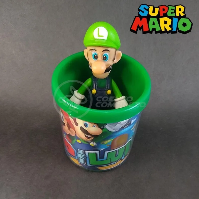 Kit Boneco Luigi Articulado Super Mario 13cm + Caneca 350ml