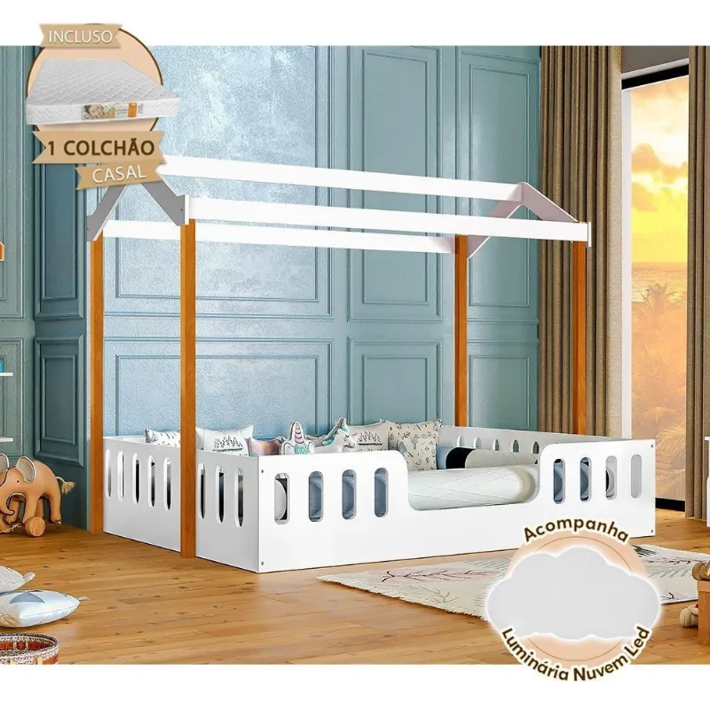Cama Com Colchão Montessoriana Casal Infantil Ágatha Branco/Amêndoa Incluso Luminária Branco