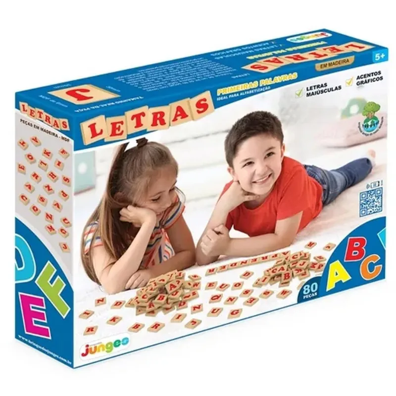 Jogo Educativo Letras e Palavras 80 Peças em Madeira MDF Junges 701