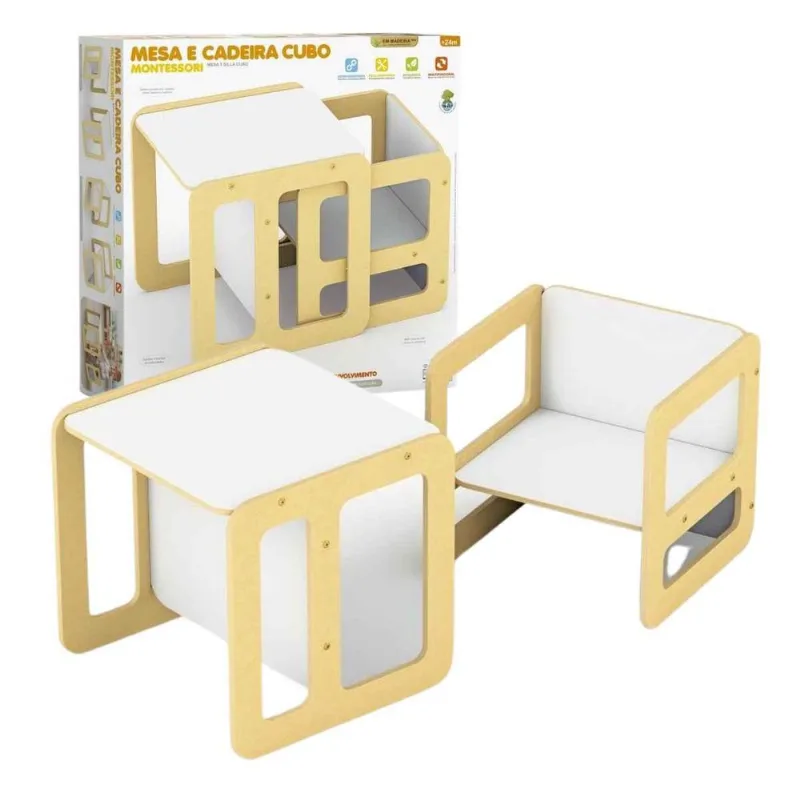 Conjunto Mesa E Cadeira Infantil Cubo Montessori, Junges, Crianças +24 Meses Até 35kg Em Madeira MDF