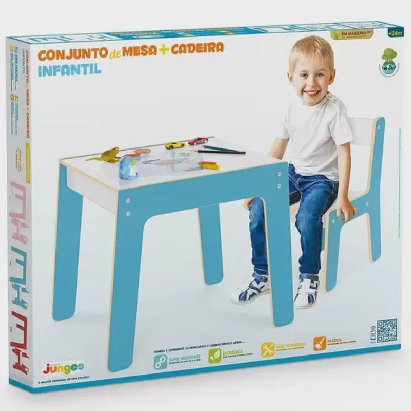 Conjunto De Madeira Mesa Com Cadeira Infantil Azul Junges 986