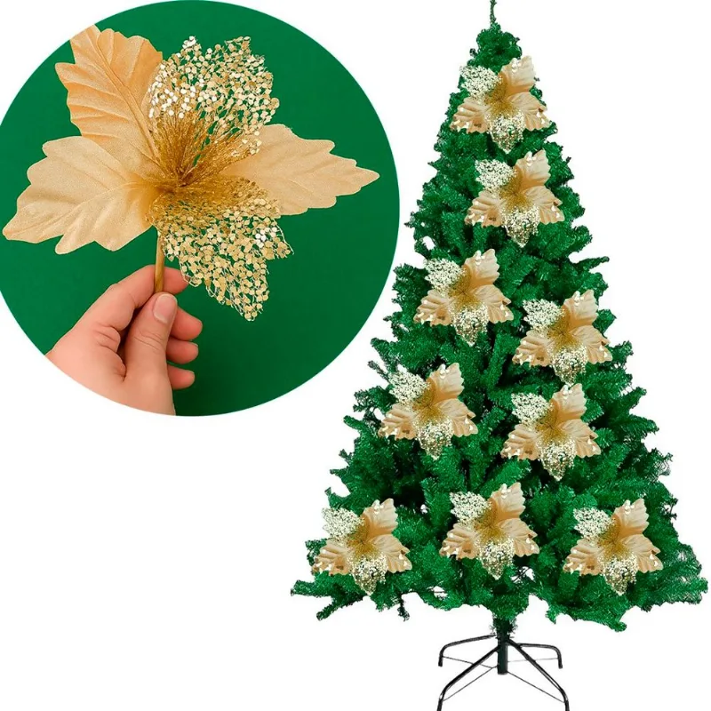 Flores Galho Ramo Enfeite Árvore Natal Dourado 18cm Kit 6pç