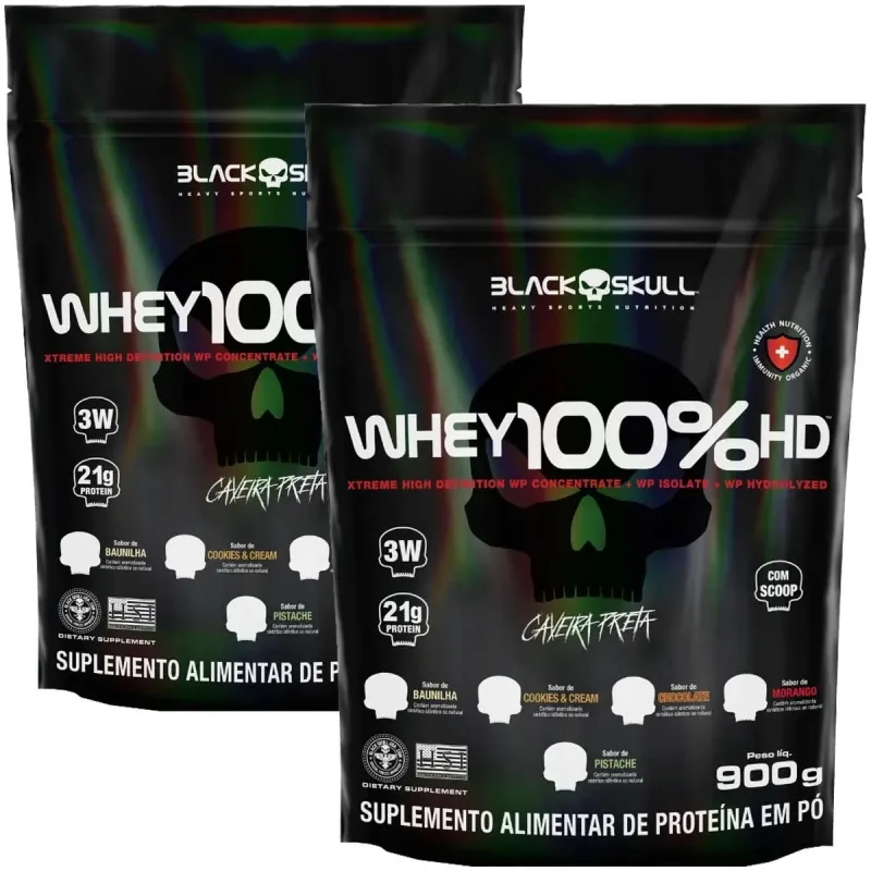 Kit 2x Whey 100% Hd Refil 900g - Black Skull Sabor Cookies - black skull - Suplementos Alimentares