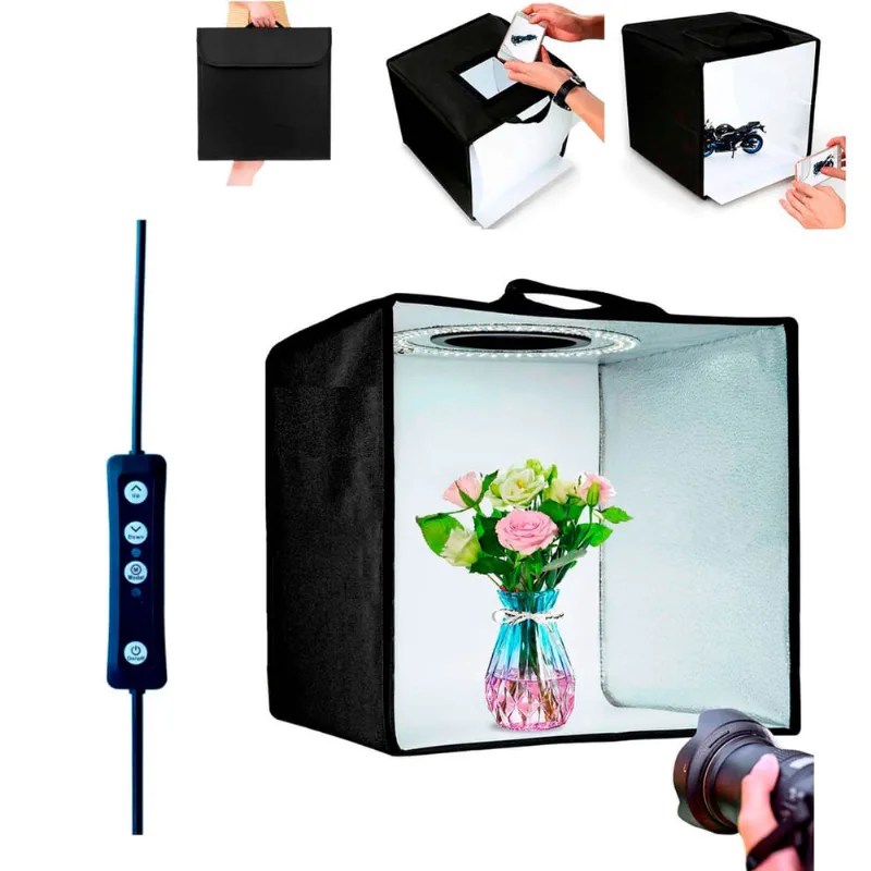 Estudio Fotográfico 60x60 Dobrável Led 3 Tons 8000k 2 Fundos