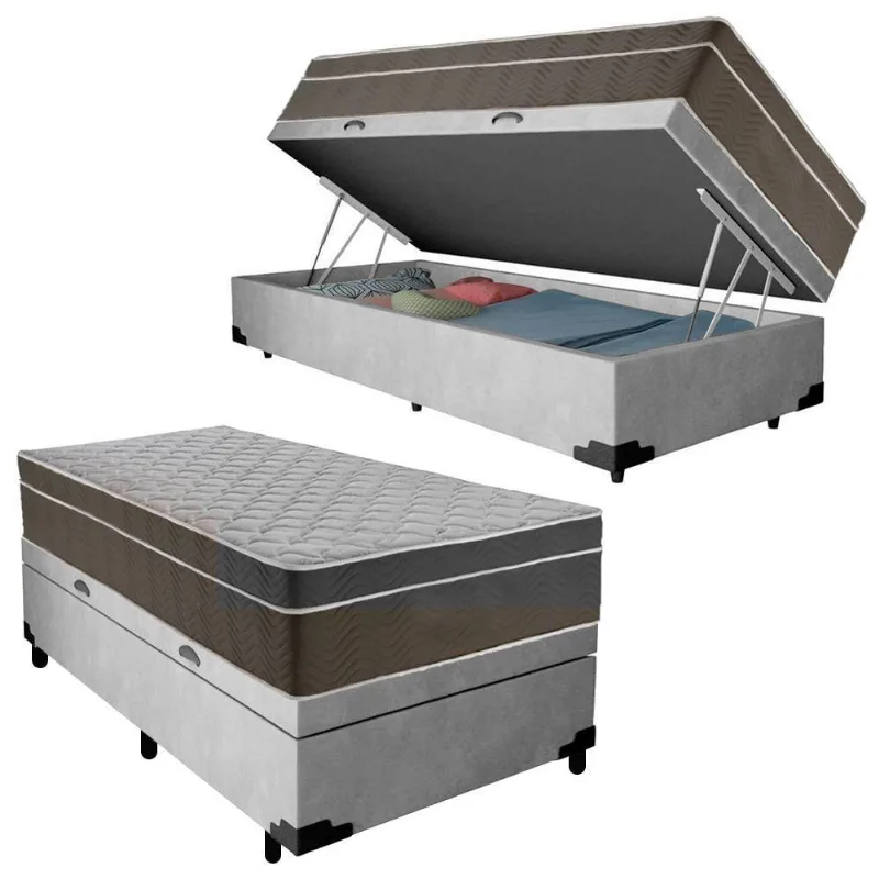 Cama Box Baú Suede Solteiro + Colchão Molas Ensacadas 88x188x69 Cinza