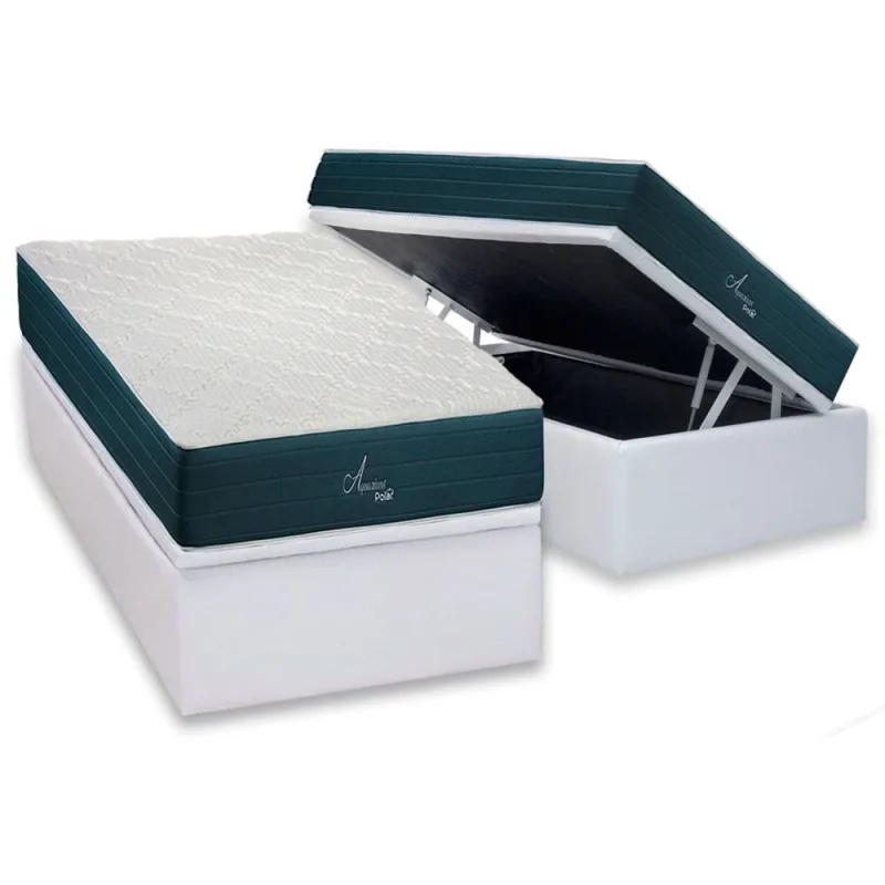 Cama Box Baú Solteiro: Colchão Molas Bonnel Polar Ensacadas Aquariuns + Base crc Courano White (88x188) - Não Disponível - Móveis