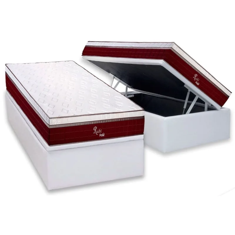 Cama Box Baú Solteiro: Colchão Molas Bonnel Polar Ensacadas Rubi + Base crc Courano White (88x188) - Não Disponível - Móveis