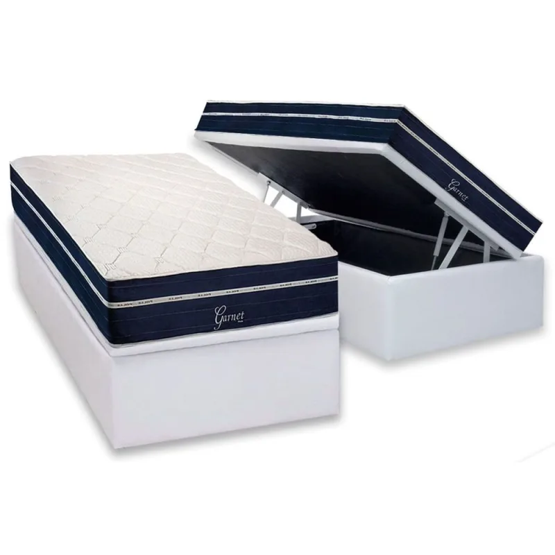 Cama Box Baú Solteiro: Colchão Molas Bonnel Polar Ensacadas Garnet + Base crc Courano White (88x188) - Não Disponível - Móveis