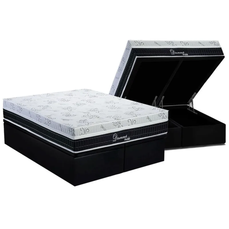 Cama Box Baú Queen: Colchão Molas Bonnel Polar Superlastic Diamond + Base crc Suede Black (158x198) - Não Disponível - Móveis
