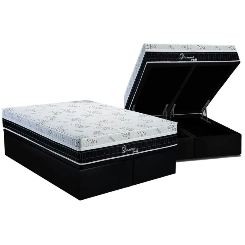 Cama Box Baú Queen: Colchão Molas Ensacadas Polar Superlastic Diamond + Base crc Suede Black (158x198) - Não Disponível - Móveis