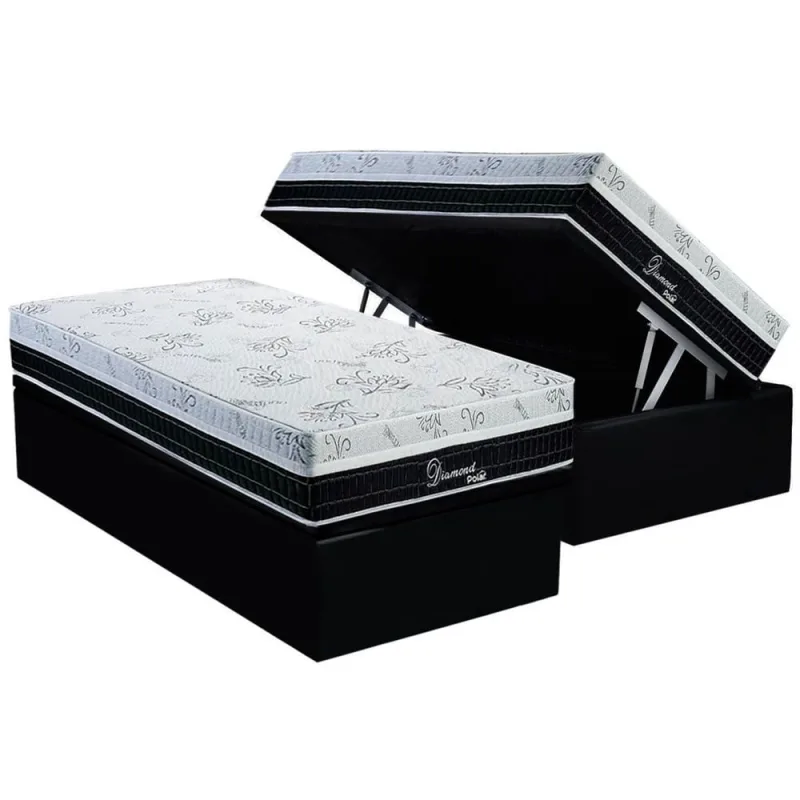 Cama Box Baú Solteiro: Colchão Molas Ensacadas Polar Superlastic Diamond + Base crc Suede Black (88x188) - Não Disponível - Móveis