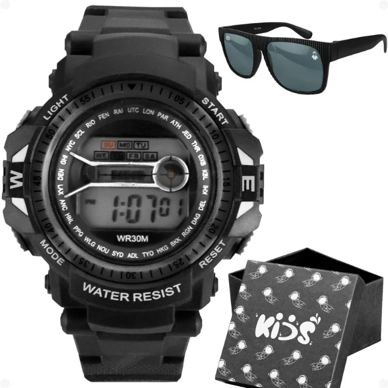 Relogio Digital Infantil Preto Led Caixa Oculos Sol Menino
