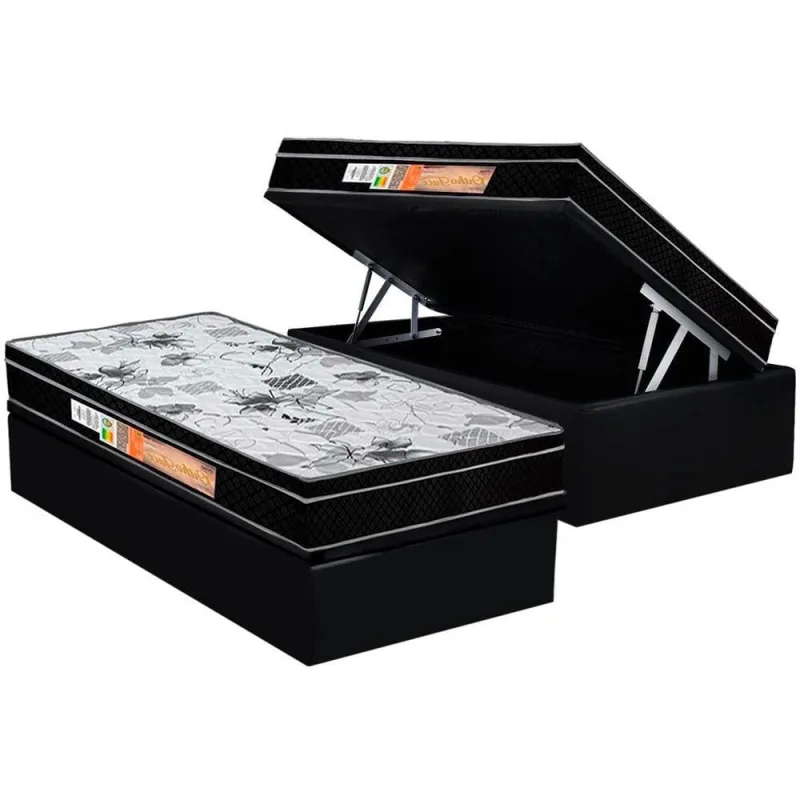 Cama Box Baú Solteiro: Colchão Ortopédico Polar D28 / ep Orthoface Firme + Base crc Suede Black(88x188) - Polar - Móveis