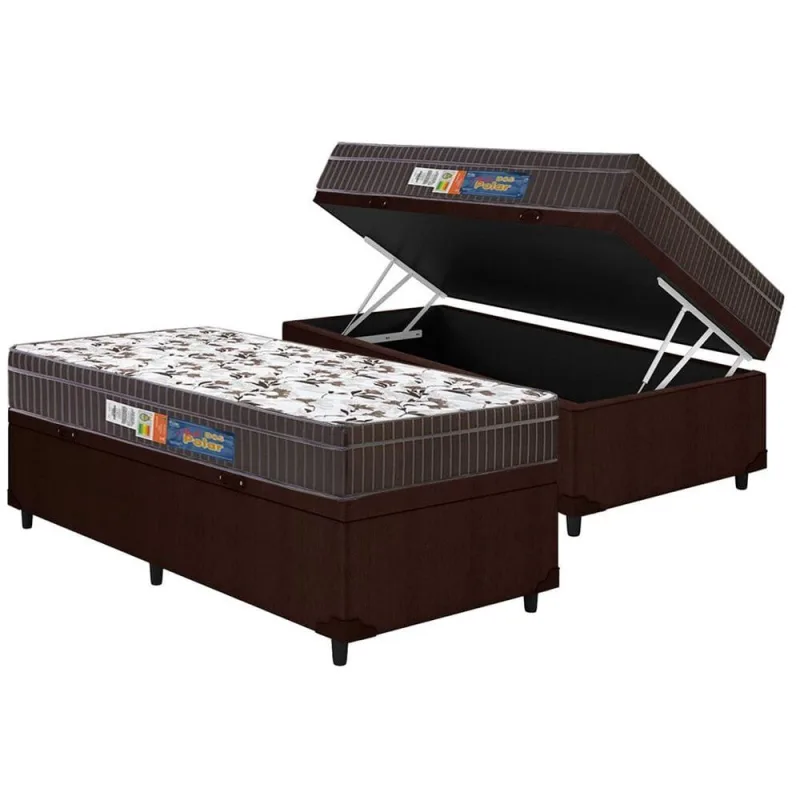 Cama Box Baú Solteiro: Colchão Espuma Polar D33 Pérola Euro Pillow + Base crc Courano Brown(88x188) - Polar - Móveis