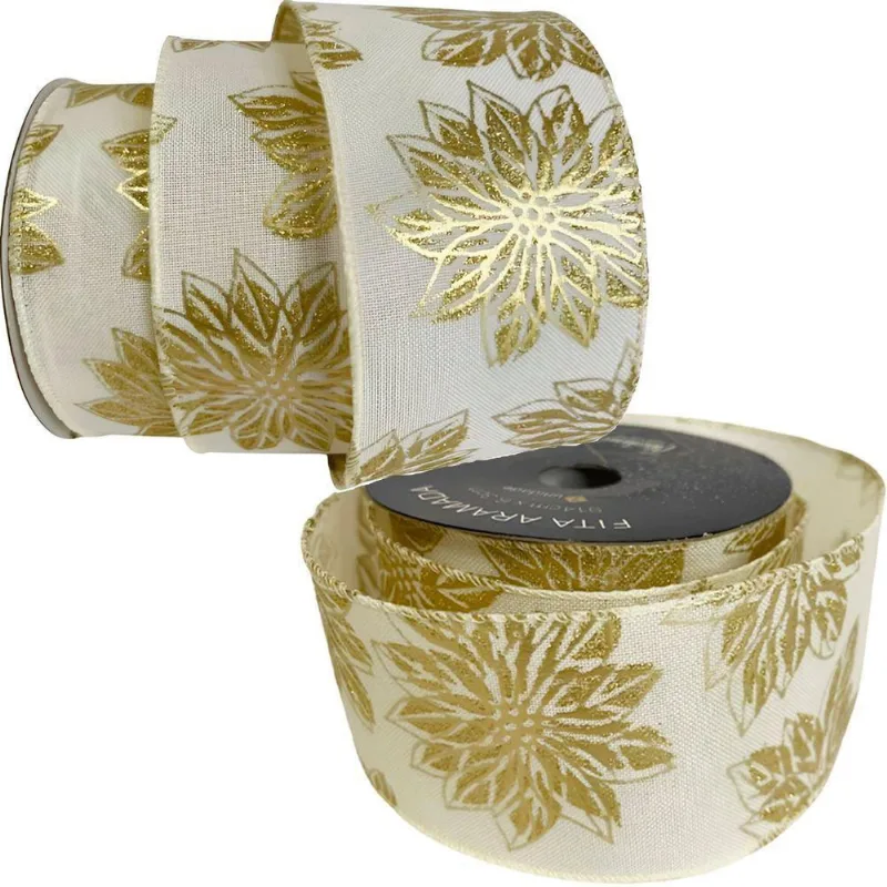 Kit 8 Fita Aramada Natal Flores Dourada Metálico 6,3cm X 914cm