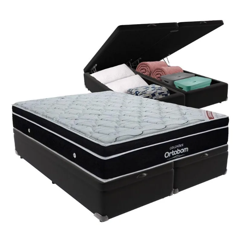 Cama + Box Com Bau Ortobom Colchão King Com Molas Ensacadas Preto