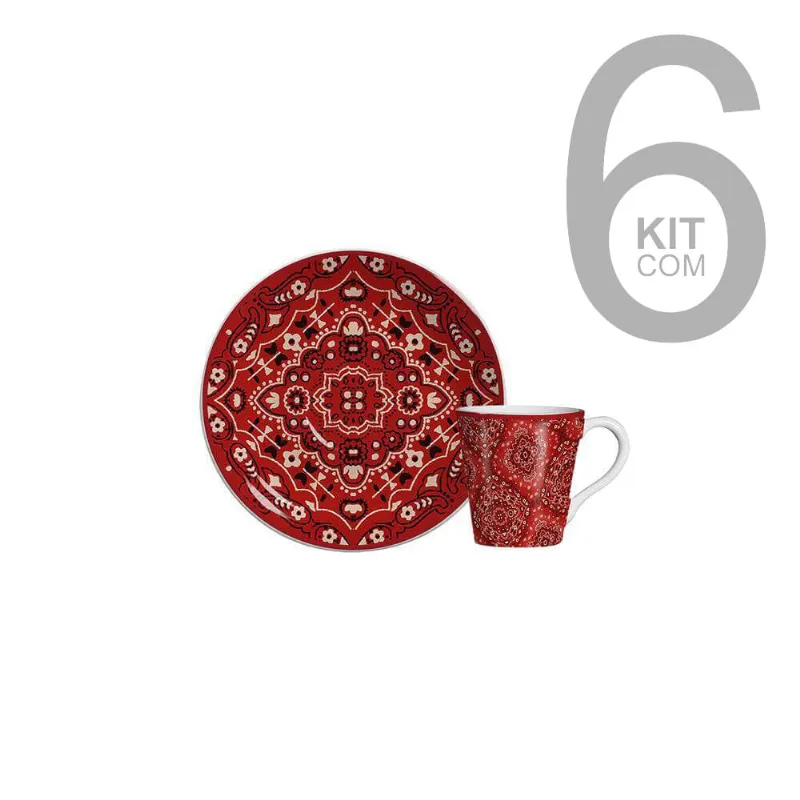 Jogo C/ 6 Xicaras Cafe C/ Pires Bandana Vermelho