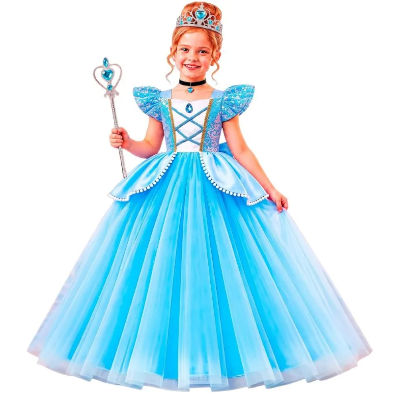 Fantasia Cinderela Infantil pra Menina Vestido Princesa Longo de Luxo Com Coroa e Varinha M / Azul