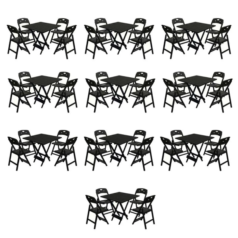 Kit 10 Mesas Dobráveis Elegance 70x70 Tampo Madeira 8 Ripas com 4 Cadeiras Preto - OUTRAS MARCAS - Móveis