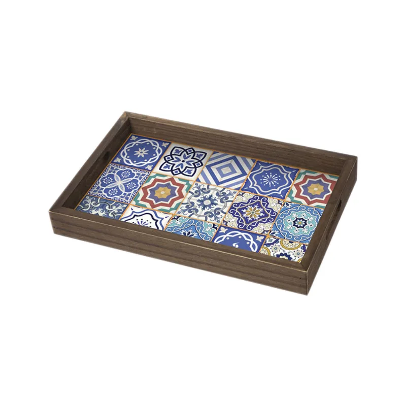 Bandeja escura retangular com fundo estampado Stolf Mosaico 40cm