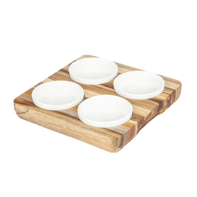 Petisqueira em madeira quadrada com 4 potes porcelana Stolf 22x22cm