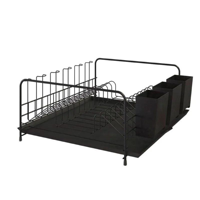 Escorredor De Louça Com Bandeja E Porta Talheres De Plástico - Stolf Preto + Preto