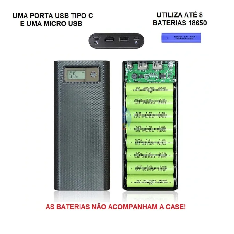 Box Case Power Bank Usb Para Até 8 Baterias 18650 Pronta Ent