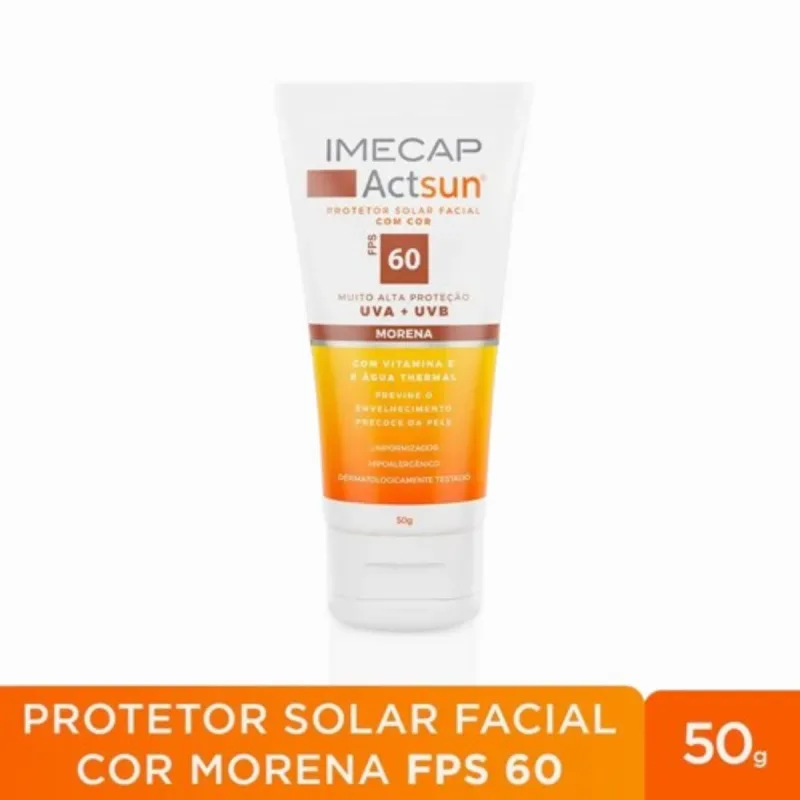 Protetor Solar Facial Imecap Actsun FPS60 Cor Morena 50g - Imecap - Dermo E Beleza