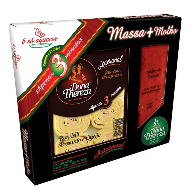 Kit Massa e Molho Artesanal Rondelli Presunto e Queijo e Pomodoro Dona Thereza Caixa 600g