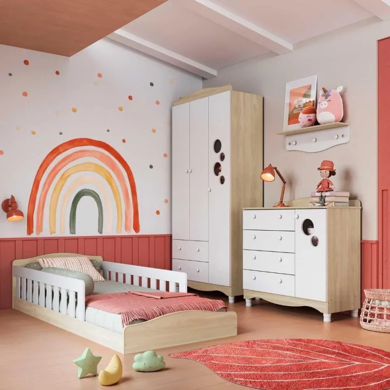Quarto Infantil com Cama Montessoriana Guarda Roupa 3 Portas Cômoda 4 Gavetas MDP Carvalho Araguaia - completa móveis - Agro