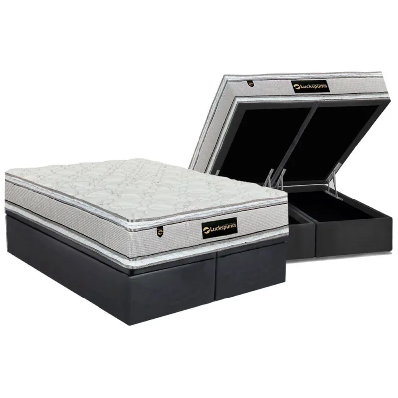 Cama Box Baú King: Colchão Molas Ensacadas Luckspuma Lucksfaction Plus Gray + Base crc Suede Gray (193x203) - Não Disponível - Móveis