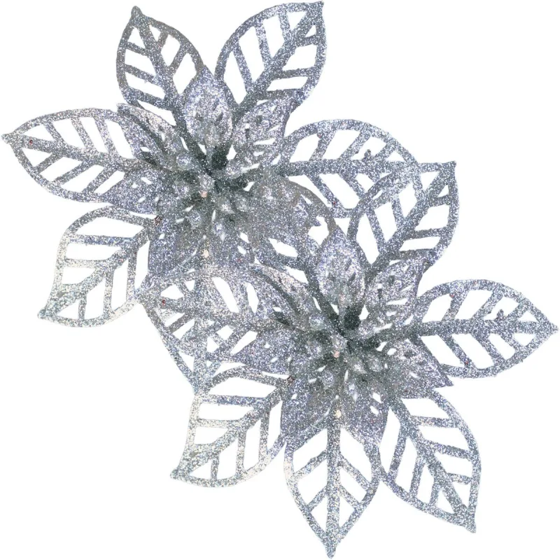Kit 12 Flores Prata Gliter Decoração Árvore De Natal De 14cm