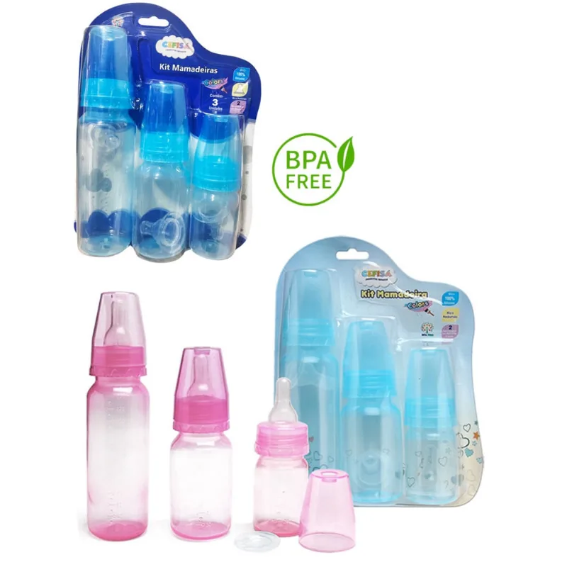 Kit Mamadeira 3 Peças 80ml, 150ml e 240ml Rosa ou Azul Bebês Bico 100% Silicone