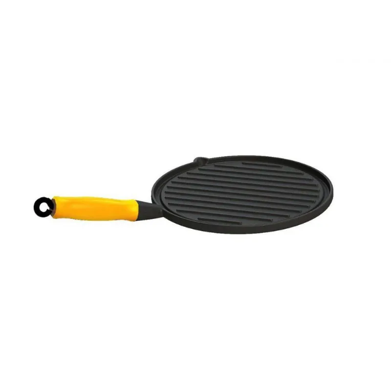 Bifeteira Ferro Redonda Cabo Silicone Amarelo Estriada 26cm