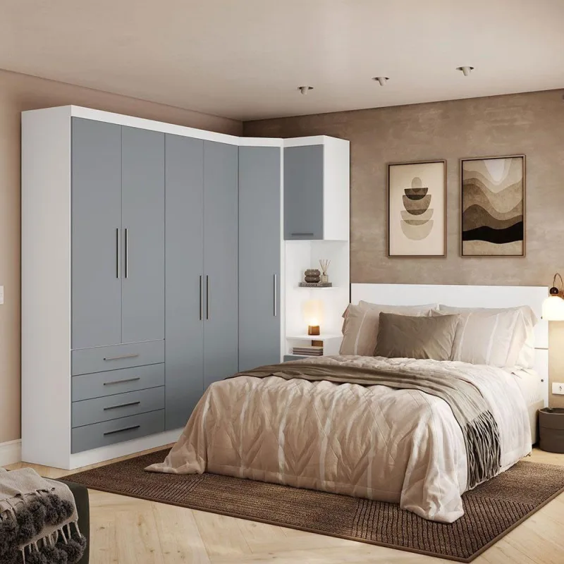 Quarto Composto Alpes 6 Portas 5 Gavetas MDP 165CM Branco com Mesa Cabeceira e Painel Queen Luciane - Luciane Móveis - Agro