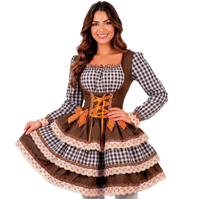 Vestido Festa Junina Adulto Feminino Xadrez Manga Longa de Luxo Ajustável GG / Marrom