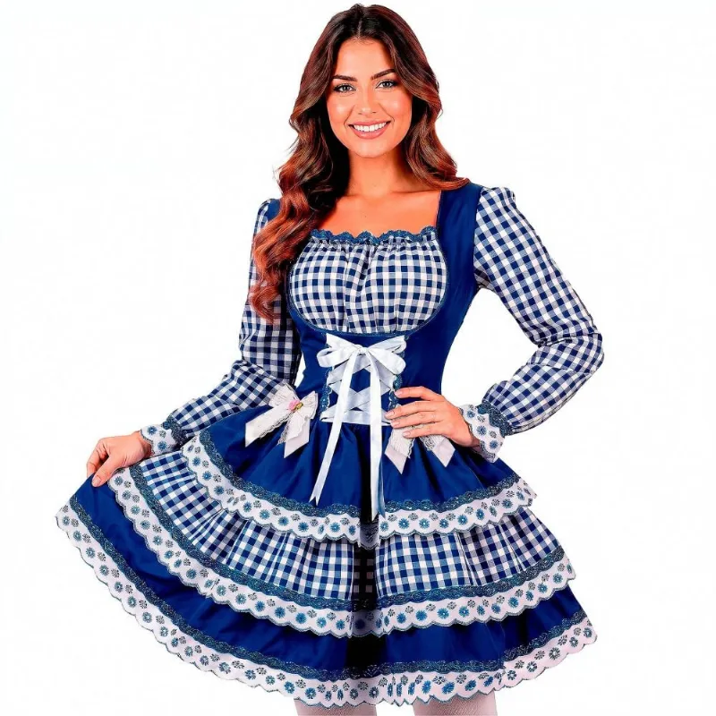 Vestido Festa Junina Adulto Feminino Xadrez Manga Longa de Luxo Ajustável GG / Azul