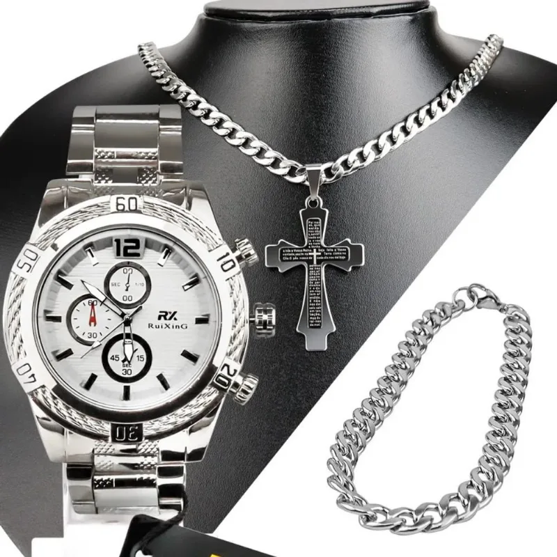 Kit Masculino aço analógico prata prova d'água Pulseira e Colar