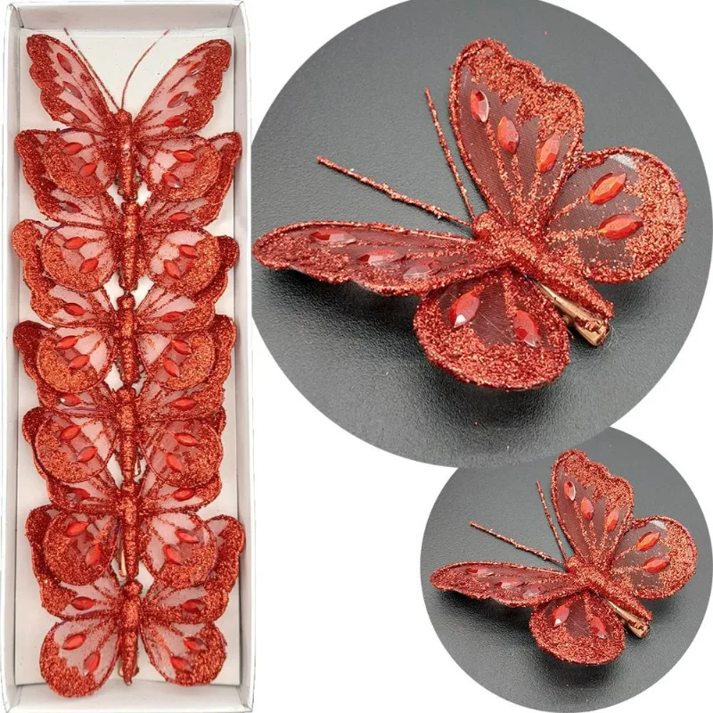 Presilhas Prendedor Natalino Borboleta Vermelho De 8cm 12pçs