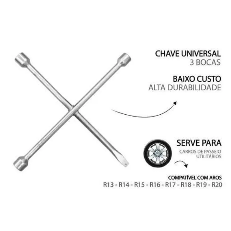 Chave De Roda Cruz Cromada 3 Bocas 17 19 21 Mm Com Espatula